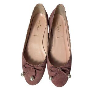 Kate Spade Pink Suede Ballet Flats Scalloped 8M Pearls & Gold Made in Italy